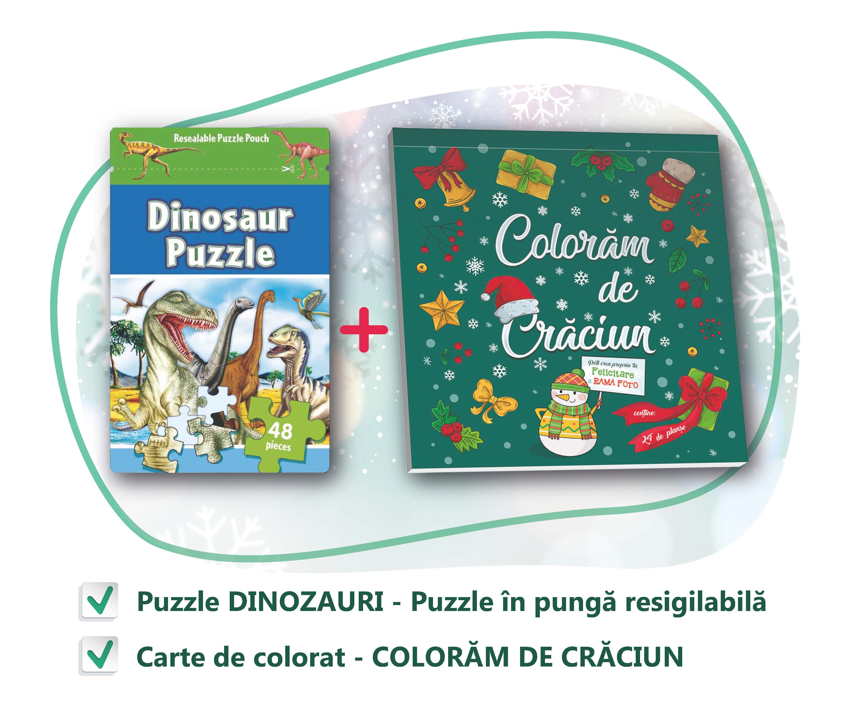 PACHET CADOU CRACIUN - CARTE DE COLORAT + PUZZLE Dinozauri